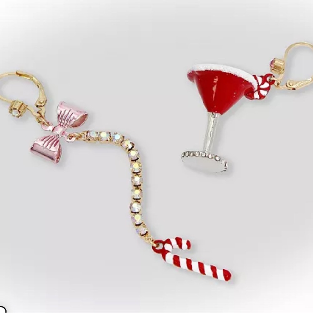 Betsey Johnson Mismatched Candy Cane Martini Dangle Bling Earrings
